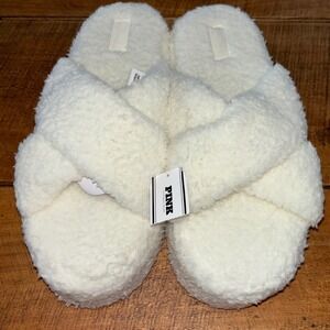 NWT Victoria's Secret PINK Womens Platform Fuzzy Cream‎ Cross Strap Slippers L